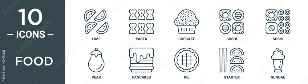 food outline icon set includes thin line lime, pasta, cupcake, sushi, sushi, pear, pancakes icons for report, presentation, diagram, web design food outline icon set includes thin line lime, pasta, cupcake, sushi, sushi, pear, pancakes icons for report, presentation, diagram, web design