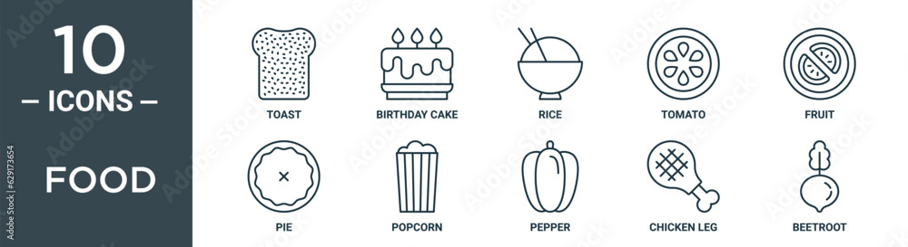 food outline icon set includes thin line toast, birthday cake, rice ...