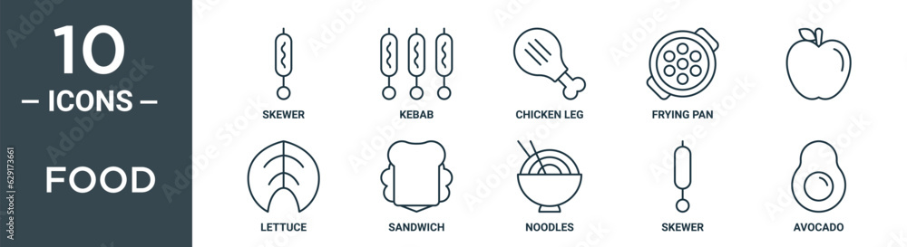 food outline icon set includes thin line skewer, kebab, chicken leg, frying pan, , lettuce, sandwich icons for report, presentation, diagram, web design food outline icon set includes thin line skewer, kebab, chicken leg, frying pan, , lettuce, sandwich icons for report, presentation, diagram, web design