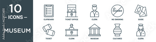 museum outline icon set includes thin line clipboard, ticket office, clerk, no smoking, guide, ticket, clerk icons for report, presentation, diagram, web design