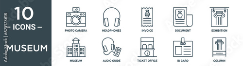 museum outline icon set includes thin line photo camera, headphones, invoice, document, exhibition, museum, audio guide icons for report, presentation, diagram, web design