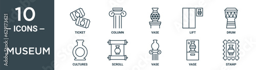 museum outline icon set includes thin line ticket, column, vase, lift, drum, cultures, scroll icons for report, presentation, diagram, web design