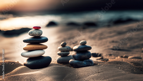 immagine primo piano con pietre sovrapposte sulla sabbia  sfondo con spiaggia e mare al tramonto