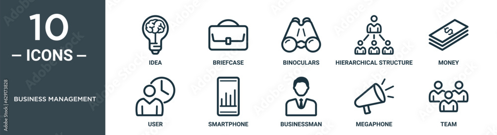 business management outline icon set includes thin line idea, briefcase, binoculars, hierarchical structure, money, user, smartphone icons for report, presentation, diagram, web design business management outline icon set includes thin line idea, briefcase, binoculars, hierarchical structure, money, user, smartphone icons for report, presentation, diagram, web design