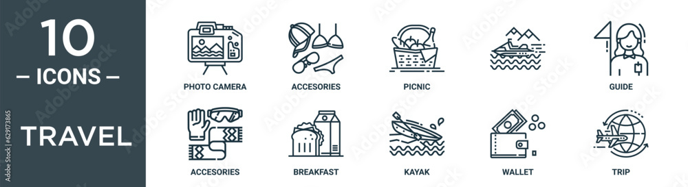 Fototapeta premium travel outline icon set includes thin line photo camera, accesories, picnic, , guide, accesories, breakfast icons for report, presentation, diagram, web design