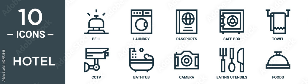 hotel outline icon set includes thin line bell, laundry, passports, safe box, towel, cctv, bathtub icons for report, presentation, diagram, web design