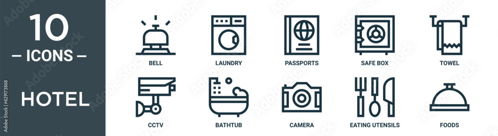 hotel outline icon set includes thin line bell, laundry, passports, safe box, towel, cctv, bathtub icons for report, presentation, diagram, web design hotel outline icon set includes thin line bell, laundry, passports, safe box, towel, cctv, bathtub icons for report, presentation, diagram, web design