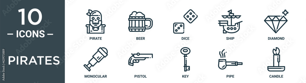 pirates outline icon set includes thin line pirate, beer, dice, ship, diamond, monocular, pistol icons for report, presentation, diagram, web design pirates outline icon set includes thin line pirate, beer, dice, ship, diamond, monocular, pistol icons for report, presentation, diagram, web design