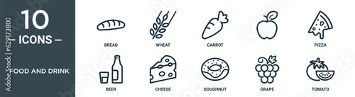 food and drink outline icon set includes thin line bread, wheat, carrot, , pizza, beer, cheese icons for report, presentation, diagram, web design
