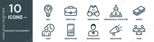 business management outline icon set includes thin line idea, briefcase, binoculars, hierarchical structure, money, user, smartphone icons for report, presentation, diagram, web design