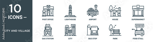 city and village outline icon set includes thin line post office, lighthouse, airport, house, supermarket, gas station, city icons for report, presentation, diagram, web design