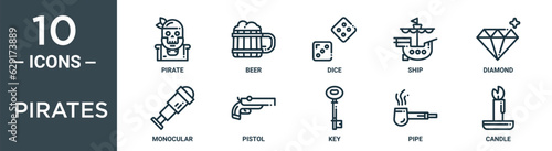pirates outline icon set includes thin line pirate, beer, dice, ship, diamond, monocular, pistol icons for report, presentation, diagram, web design