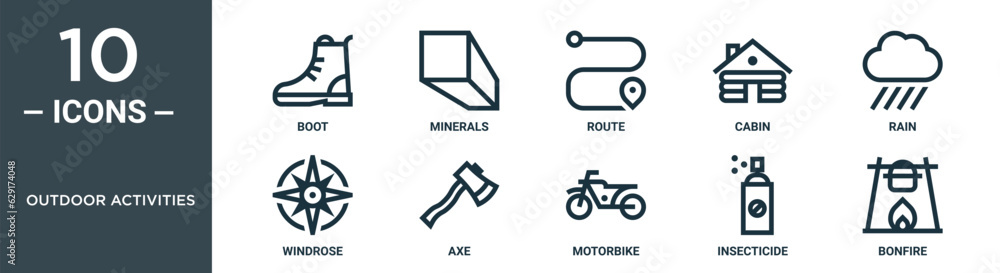 outdoor activities outline icon set includes thin line boot, minerals, route, cabin, rain, windrose, axe icons for report, presentation, diagram, web design outdoor activities outline icon set includes thin line boot, minerals, route, cabin, rain, windrose, axe icons for report, presentation, diagram, web design