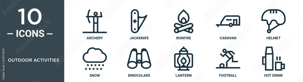 outdoor activities outline icon set includes thin line archery, jackknife, bonfire, caravan, helmet, snow, binoculars icons for report, presentation, diagram, web design outdoor activities outline icon set includes thin line archery, jackknife, bonfire, caravan, helmet, snow, binoculars icons for report, presentation, diagram, web design