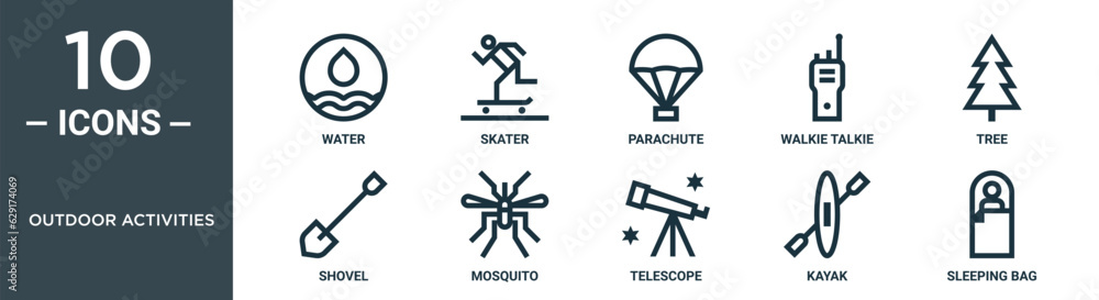outdoor activities outline icon set includes thin line water, skater ...