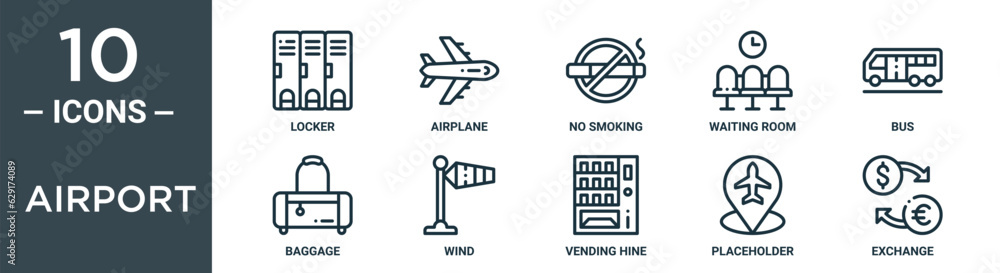 airport outline icon set includes thin line locker, airplane, no smoking, waiting room, bus, baggage, wind icons for report, presentation, diagram, web design
