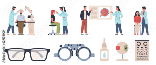 Clinical ophthalmology tools. Examinations, treatments elements, doctors examining patients, people check their eyesight, medical equipment nowaday vector cartoon flat isolated set