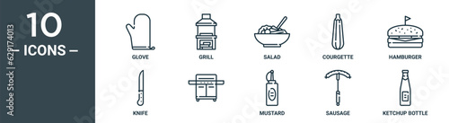 outline icon set includes thin line glove, grill, salad, courgette, hamburger, knife, icons for report, presentation, diagram, web