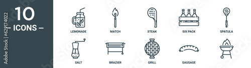 outline icon set includes thin line lemonade, match, steak, six pack, spatula, salt, brazier icons for report, presentation, diagram, web design
