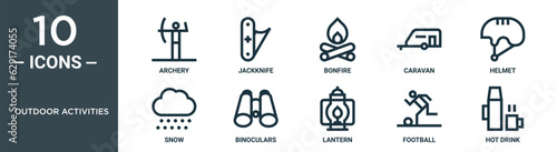 outdoor activities outline icon set includes thin line archery, jackknife, bonfire, caravan, helmet, snow, binoculars icons for report, presentation, diagram, web design