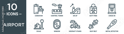 airport outline icon set includes thin line conveyor, control tower, or up, duty free, check in, scale, window icons for report, presentation, diagram, web design