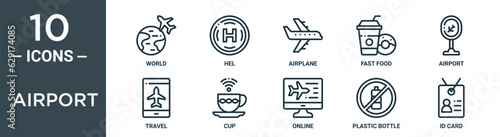 airport outline icon set includes thin line world, hel, airplane, fast food, airport, travel, cup icons for report, presentation, diagram, web design