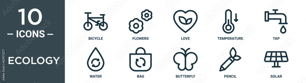 ecology outline icon set includes thin line bicycle, flowers, love, temperature, tap, water, bag icons for report, presentation, diagram, web design