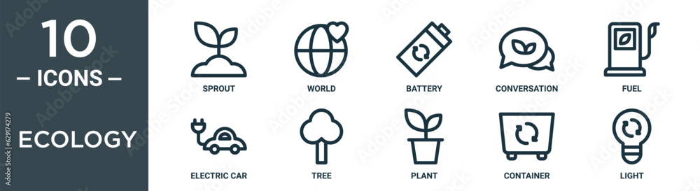 ecology outline icon set includes thin line sprout, world, battery, conversation, fuel, electric car, tree icons for report, presentation, diagram, web design ecology outline icon set includes thin line sprout, world, battery, conversation, fuel, electric car, tree icons for report, presentation, diagram, web design