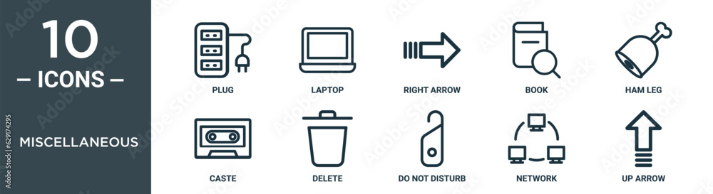 miscellaneous outline icon set includes thin line plug, laptop, right arrow, book, ham leg, caste, delete icons for report, presentation, diagram, web design miscellaneous outline icon set includes thin line plug, laptop, right arrow, book, ham leg, caste, delete icons for report, presentation, diagram, web design