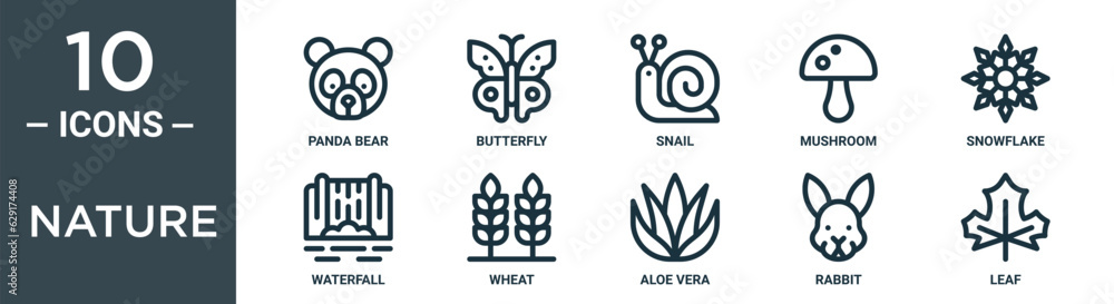 nature outline icon set includes thin line panda bear, butterfly, snail, mushroom, snowflake, waterfall, wheat icons for report, presentation, diagram, web design nature outline icon set includes thin line panda bear, butterfly, snail, mushroom, snowflake, waterfall, wheat icons for report, presentation, diagram, web design