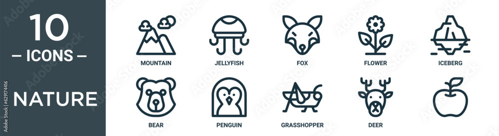 nature outline icon set includes thin line mountain, jellyfish, fox, flower, iceberg, bear, penguin icons for report, presentation, diagram, web design nature outline icon set includes thin line mountain, jellyfish, fox, flower, iceberg, bear, penguin icons for report, presentation, diagram, web design