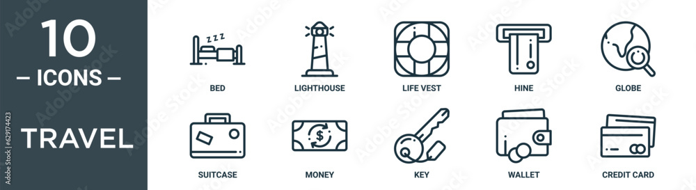 Fototapeta premium travel outline icon set includes thin line bed, lighthouse, life vest, hine, globe, suitcase, money icons for report, presentation, diagram, web design