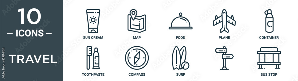 travel outline icon set includes thin line sun cream, map, food, plane, container, toothpaste, compass icons for report, presentation, diagram, web design travel outline icon set includes thin line sun cream, map, food, plane, container, toothpaste, compass icons for report, presentation, diagram, web design