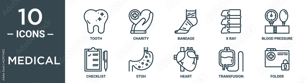 medical outline icon set includes thin line tooth, charity, bandage, x ray, blood pressure, checklist, stoh icons for report, presentation, diagram, web design medical outline icon set includes thin line tooth, charity, bandage, x ray, blood pressure, checklist, stoh icons for report, presentation, diagram, web design