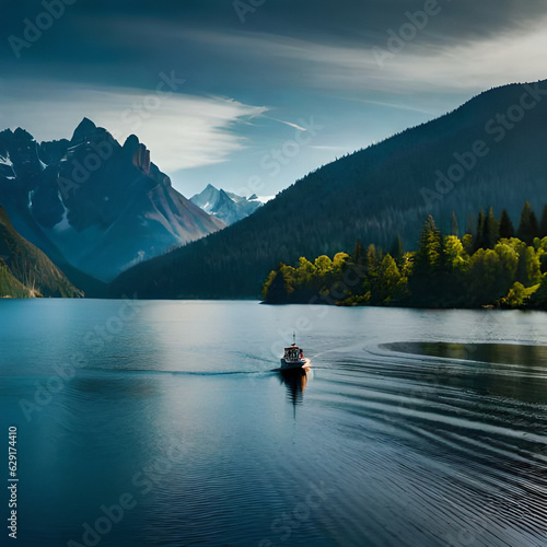 A boat is on a lake with mountains in the background with generate Ai