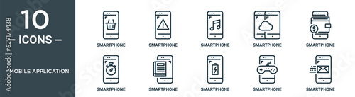 mobile application outline icon set includes thin line smartphone, smartphone, smartphone, icons for report, presentation, diagram, web design