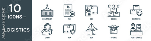 logistics outline icon set includes thin line container, tax, box, boxes, shipping, open, box icons for report, presentation, diagram, web design