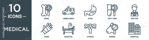 medical outline icon set includes thin line bone, ambulance, stoh, test tube, doctor, hand, hospital icons for report, presentation, diagram, web design