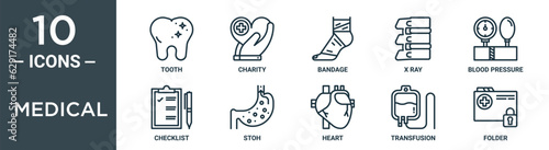 medical outline icon set includes thin line tooth, charity, bandage, x ray, blood pressure, checklist, stoh icons for report, presentation, diagram, web design