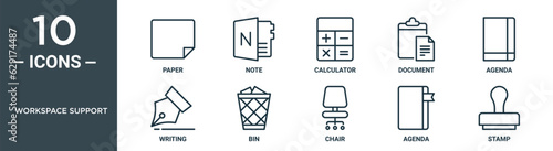 workspace support outline icon set includes thin line paper, note, calculator, document, agenda, writing, bin icons for report, presentation, diagram, web design