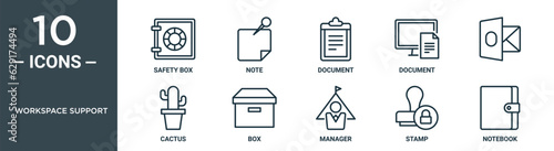 workspace support outline icon set includes thin line safety box, note, document, document, , cactus, box icons for report, presentation, diagram, web design