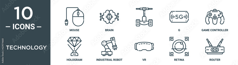 technology outline icon set includes thin line mouse, brain, , g, game controller, hologram, industrial robot icons for report, presentation, diagram, web design technology outline icon set includes thin line mouse, brain, , g, game controller, hologram, industrial robot icons for report, presentation, diagram, web design