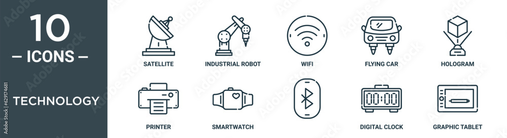 technology outline icon set includes thin line satellite, industrial robot, wifi, flying car, hologram, printer, smartwatch icons for report, presentation, diagram, web design technology outline icon set includes thin line satellite, industrial robot, wifi, flying car, hologram, printer, smartwatch icons for report, presentation, diagram, web design