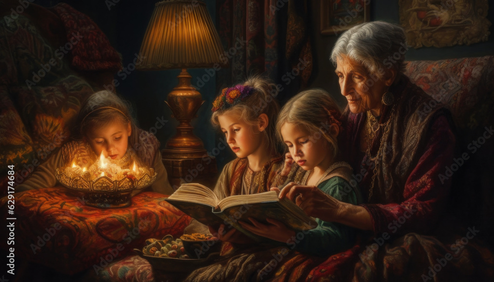 Grandmother reads bedtime stories to her grandchildren. Content created with AI
