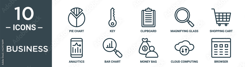 business outline icon set includes thin line pie chart, key, clipboard, magnifying glass, shopping cart, analytics, bar chart icons for report, presentation, diagram, web design business outline icon set includes thin line pie chart, key, clipboard, magnifying glass, shopping cart, analytics, bar chart icons for report, presentation, diagram, web design