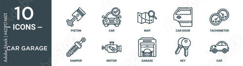 car garage outline icon set includes thin line piston, car, map, car door, tachometer, damper, motor icons for report, presentation, diagram, web design