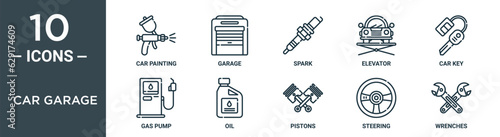 car garage outline icon set includes thin line car painting, garage, spark, elevator, car key, gas pump, oil icons for report, presentation, diagram, web design