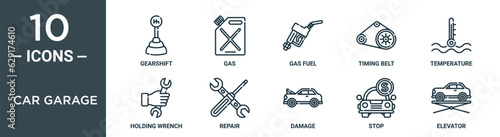 car garage outline icon set includes thin line gearshift, gas, gas fuel, timing belt, temperature, holding wrench, repair icons for report, presentation, diagram, web design