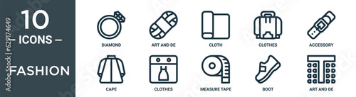 fashion outline icon set includes thin line diamond, art and de, cloth, clothes, accessory, cape, clothes icons for report, presentation, diagram, web design