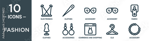 fashion outline icon set includes thin line electronics, clothes, accessory, accessory, fabric, clothes, accessories icons for report, presentation, diagram, web design